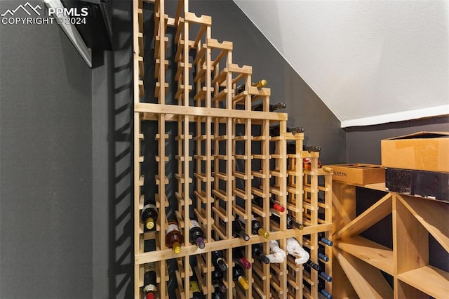 wine room featuring lofted ceiling