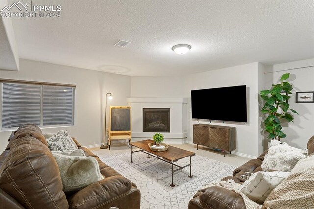 carpeted living room with a textured ceiling