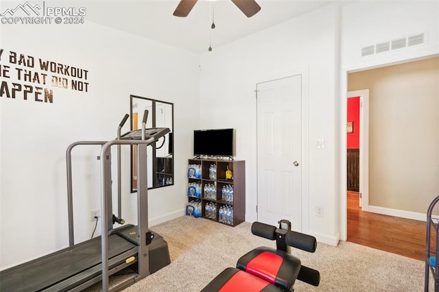 workout room with wood-type flooring and ceiling fan