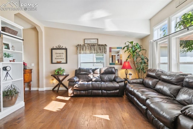 living room featuring lofted ceiling and hardwood / wood-style floors