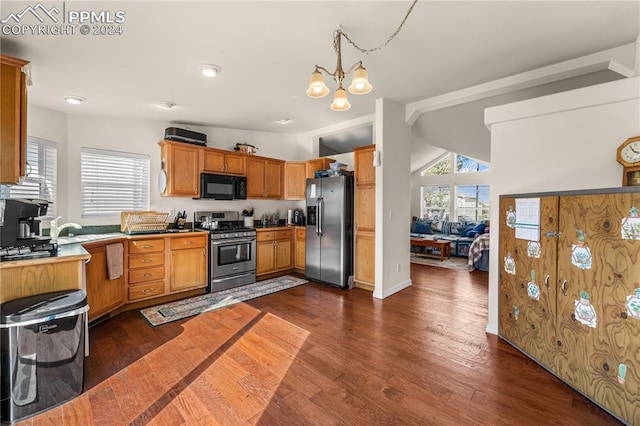 kitchen featuring an inviting chandelier, appliances with stainless steel finishes, decorative light fixtures, and dark hardwood / wood-style flooring