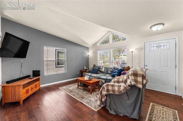 living room with lofted ceiling and dark wood-type flooring