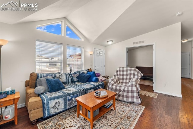 living room featuring lofted ceiling and dark wood-type flooring