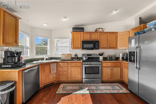 kitchen featuring appliances with stainless steel finishes, vaulted ceiling, dark hardwood / wood-style flooring, and sink