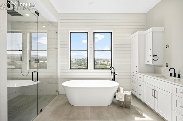 bathroom featuring plus walk in shower, a wealth of natural light, and vanity