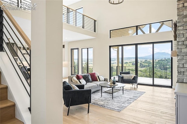 living room with a mountain view, light wood-type flooring, a high ceiling, and a wealth of natural light