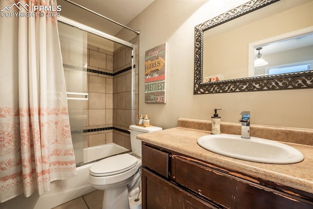 full bathroom featuring shower / tub combo with curtain, tile patterned flooring, vanity, and toilet