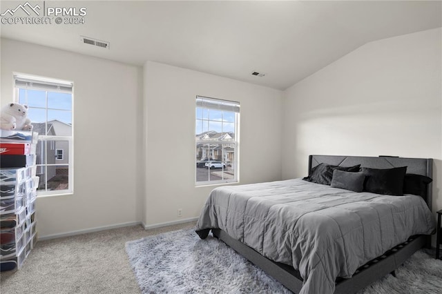 bedroom featuring lofted ceiling, carpet floors, and multiple windows