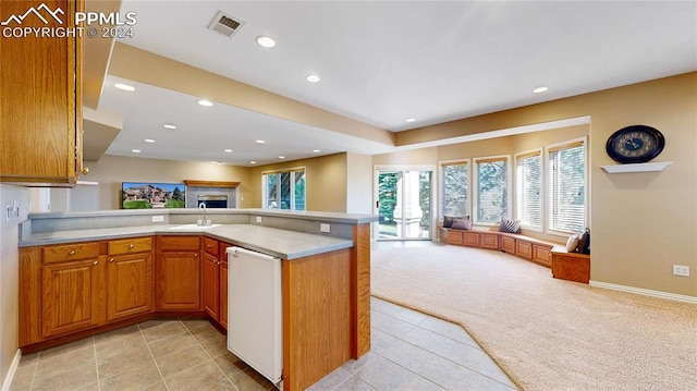 kitchen featuring light carpet, dishwasher, sink, and kitchen peninsula