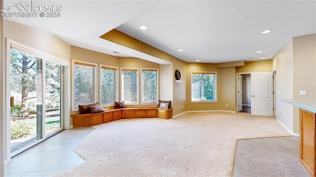 unfurnished living room featuring light carpet and plenty of natural light