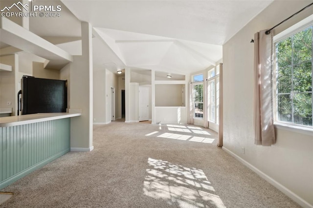 interior space with vaulted ceiling, carpet flooring, and a healthy amount of sunlight