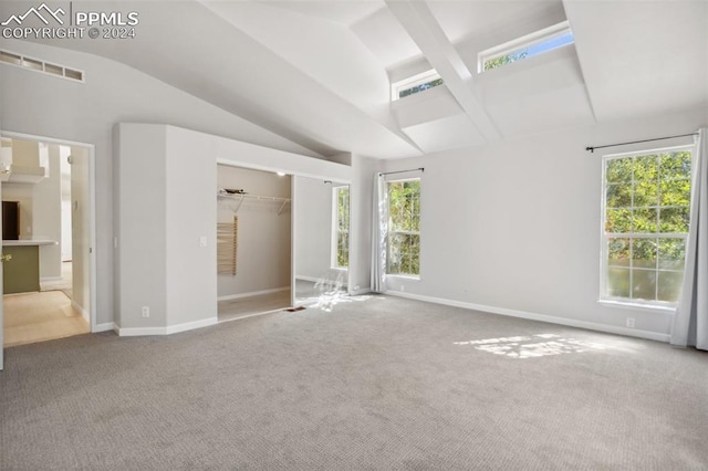 carpeted empty room with a wealth of natural light and vaulted ceiling