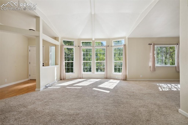 interior space featuring lofted ceiling and light carpet