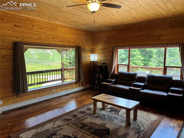 living room with ceiling fan, dark hardwood / wood-style floors, wood walls, and wooden ceiling
