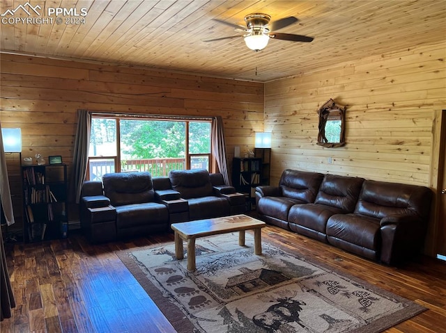 living room featuring wood ceiling, wooden walls, ceiling fan, and dark hardwood / wood-style floors