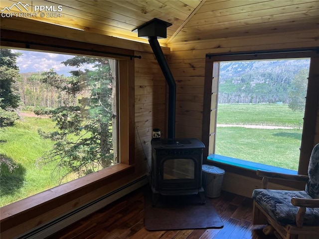 interior space featuring a baseboard heating unit, a wood stove, lofted ceiling, wooden walls, and hardwood / wood-style floors