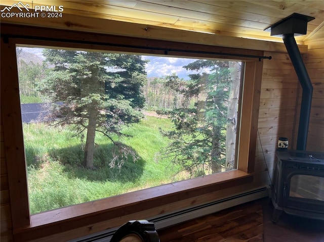 interior details featuring wooden walls and a wood stove
