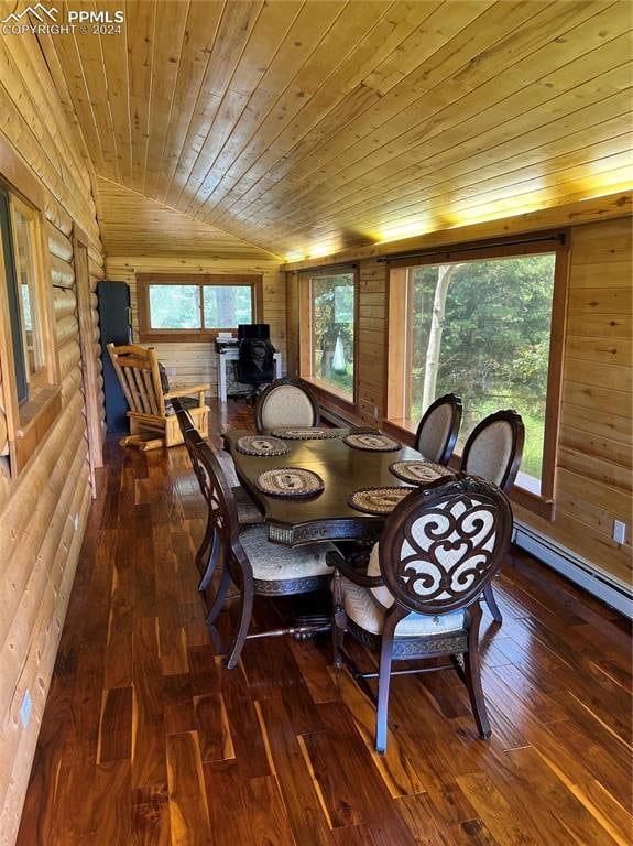 dining area with dark wood-type flooring, wood walls, vaulted ceiling, and wooden ceiling