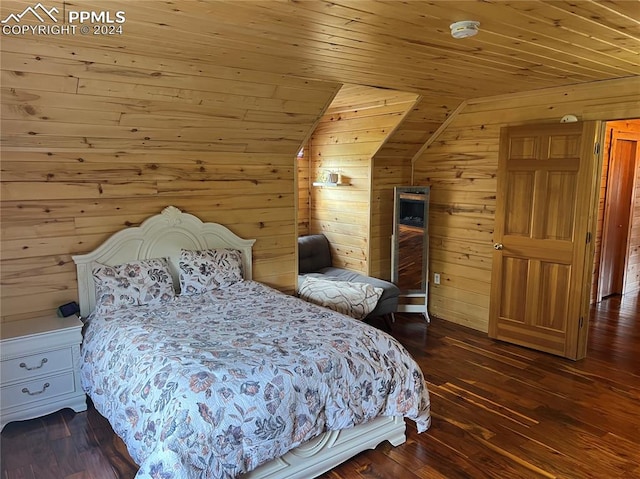 bedroom featuring wooden ceiling, lofted ceiling, wood walls, and dark wood-type flooring