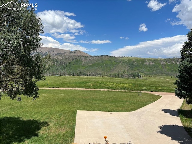view of property's community featuring a mountain view and a yard