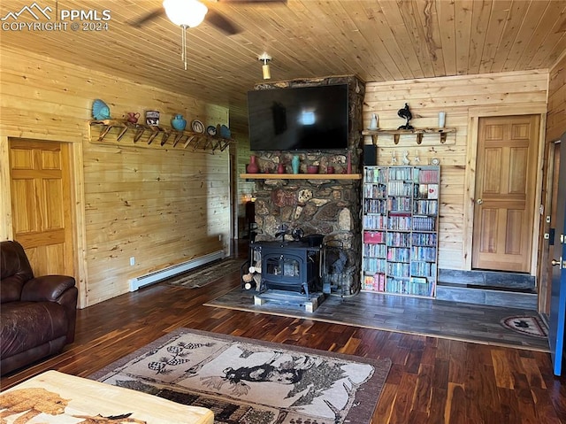 unfurnished living room featuring a wood stove and wooden walls