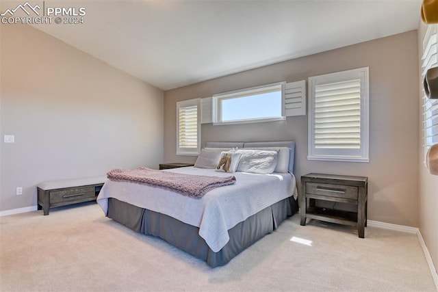 bedroom with light colored carpet