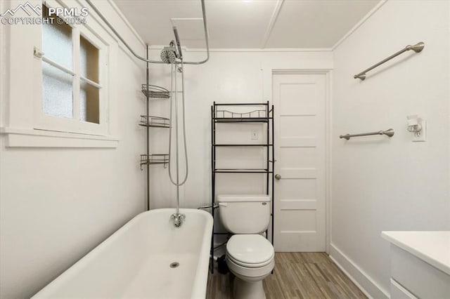 bathroom with wood-type flooring, shower / bath combination, and toilet