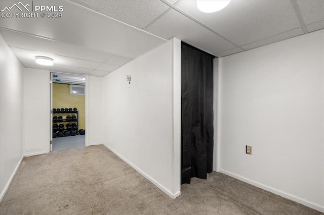 basement with carpet flooring and a drop ceiling