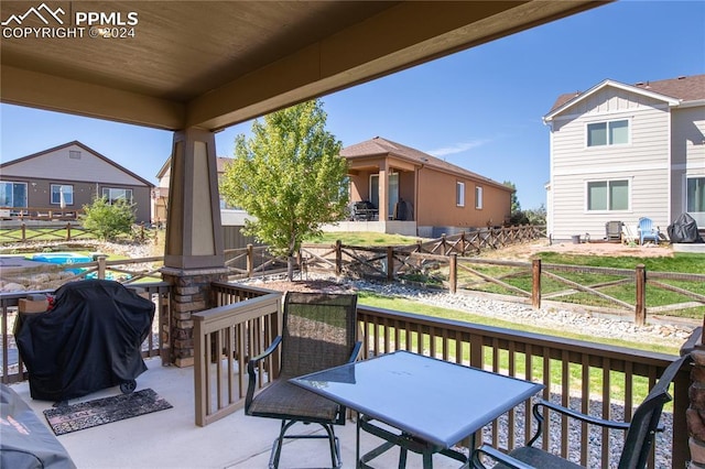 6777 Ironwood Tree Cir, Colorado Springs, CO 80927 - wooden deck featuring a fenced backyard and a grill
