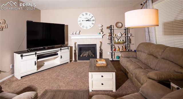 6777 Ironwood Tree Cir, Colorado Springs, CO 80927 - carpeted living room featuring baseboards and a fireplace
