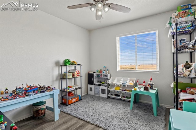 game room with hardwood / wood-style floors and ceiling fan