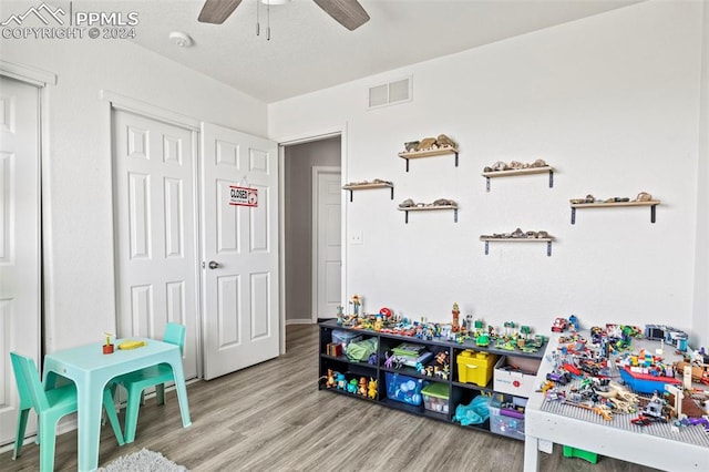 game room featuring ceiling fan and hardwood / wood-style floors