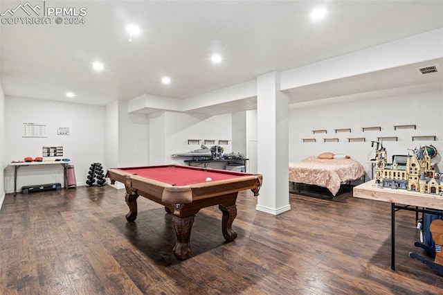 game room with pool table and dark hardwood / wood-style flooring