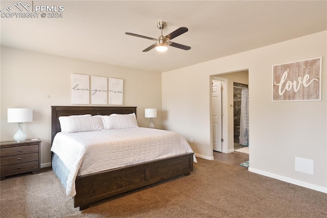 bedroom featuring ceiling fan and carpet