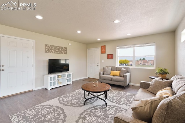 living room featuring a textured ceiling and dark hardwood / wood-style floors