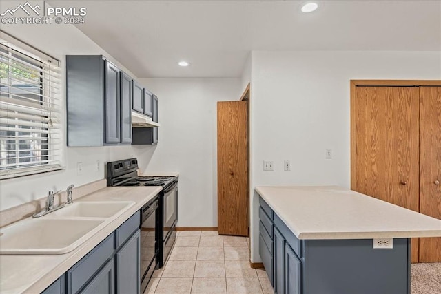 kitchen with black appliances, gray cabinetry, sink, and light tile patterned floors