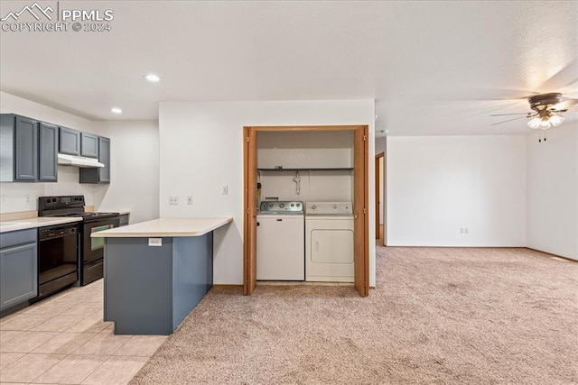 kitchen featuring kitchen peninsula, black appliances, ceiling fan, washer and clothes dryer, and light carpet