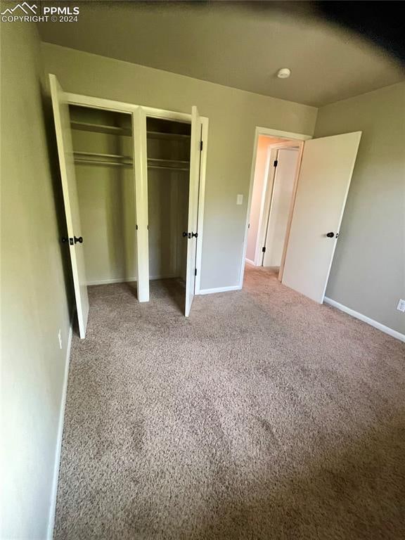 unfurnished bedroom featuring multiple closets and carpet floors