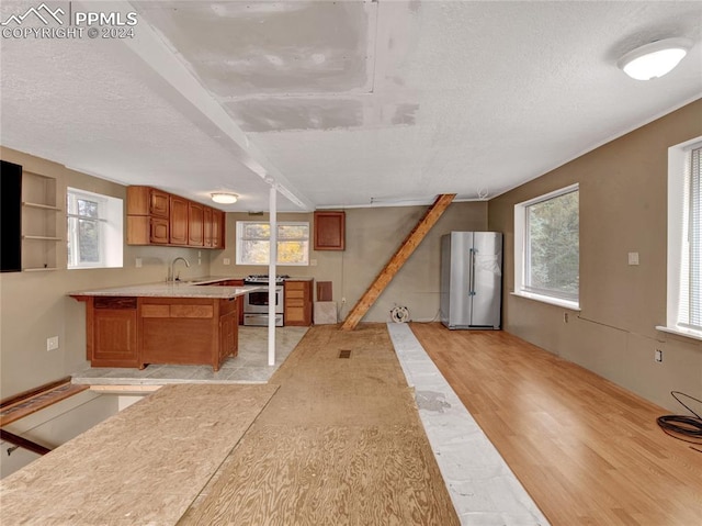 kitchen featuring light wood-type flooring, kitchen peninsula, stainless steel appliances, and a wealth of natural light