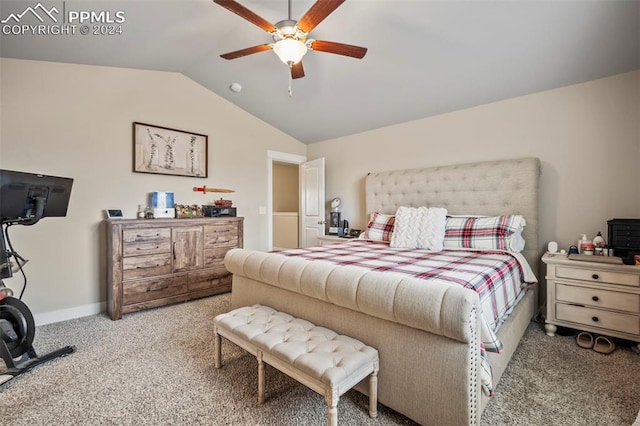 bedroom featuring ceiling fan, vaulted ceiling, and carpet