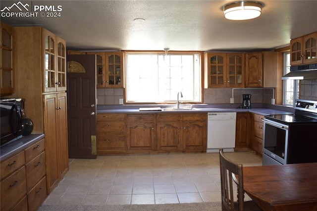 kitchen featuring under cabinet range hood, stainless steel range with electric stovetop, white dishwasher, and glass insert cabinets