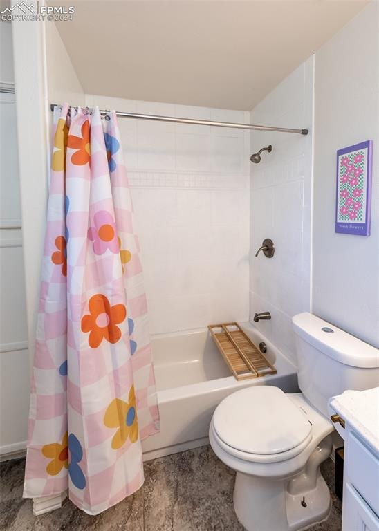 full bathroom with vanity, toilet, and shower / bathtub combination with curtain