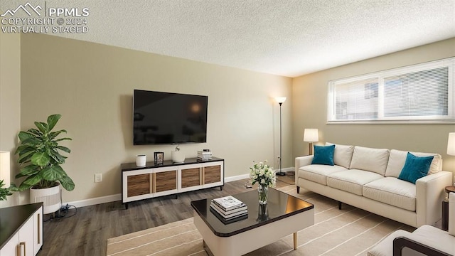 living room featuring a textured ceiling and dark hardwood / wood-style floors