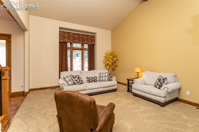 carpeted living room with lofted ceiling