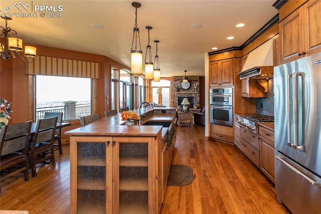 kitchen featuring dark wood-type flooring, appliances with stainless steel finishes, a chandelier, and a kitchen island with sink