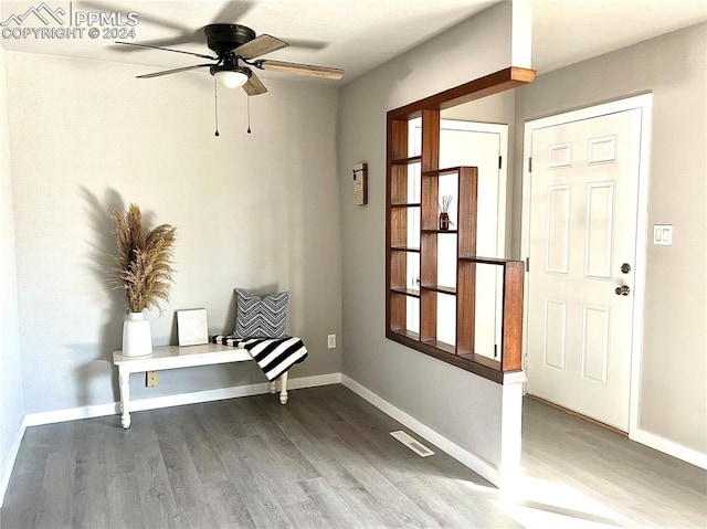 foyer entrance with ceiling fan and hardwood / wood-style floors