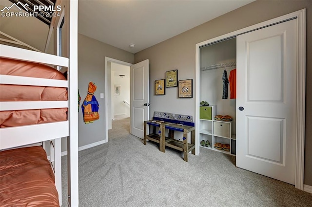 bedroom featuring light carpet and a closet