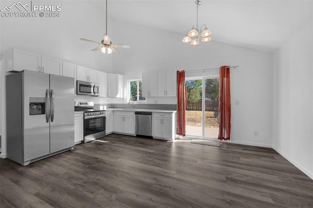 kitchen with high vaulted ceiling, white cabinetry, stainless steel appliances, dark hardwood / wood-style floors, and ceiling fan with notable chandelier