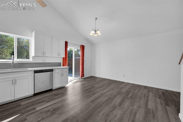 kitchen with pendant lighting, dishwasher, white cabinets, an inviting chandelier, and dark hardwood / wood-style flooring