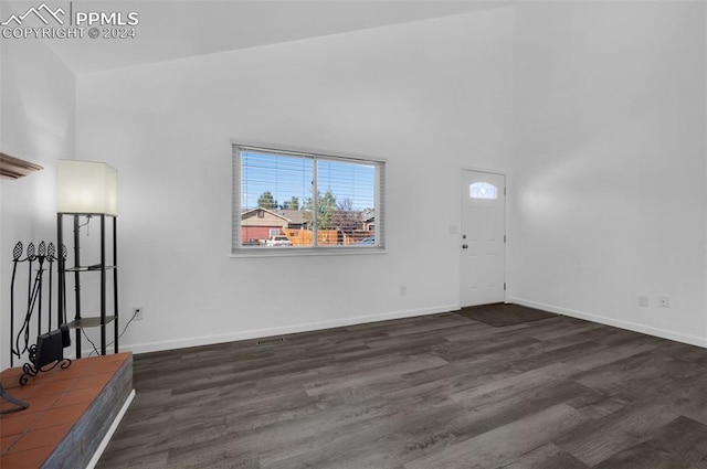 foyer with dark hardwood / wood-style floors and a high ceiling